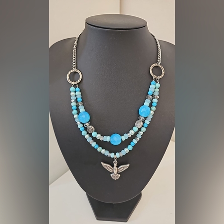 שרשרת כפולה טורקיז כסופה עם תליון נשר
