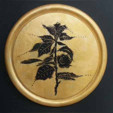 פרומט עגול אקריליק זהב וכחול כהה על עץ