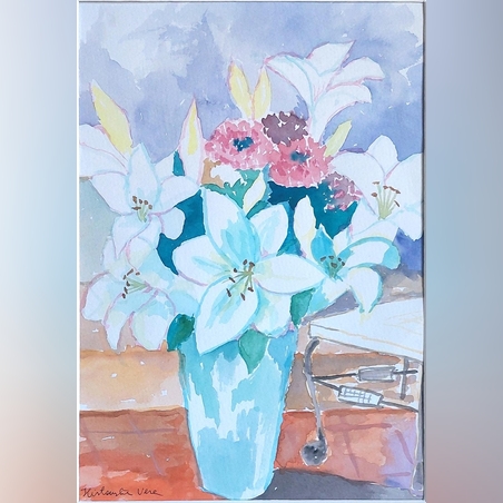 אקוורל של אגרטל עם פרחים לבנים