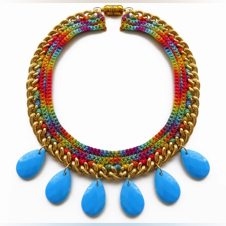 שרשרת סרוגה בחוט כותנה צבעוני וטיפות טורקיז