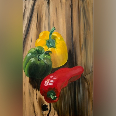 פלפלים צבעוניים על לוח עץ שמן על קנבס