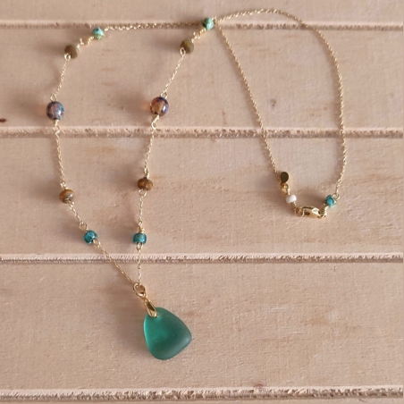 שרשרת כסף בציפוי זהב 14k עם תליון זכוכית ים טורקיז