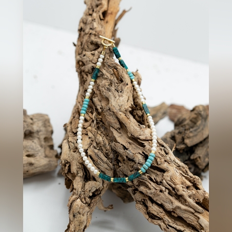 שרשרת דנית- מפנינים, המטייט זהב, טורקיז אפריקאי, גרניט ירוק