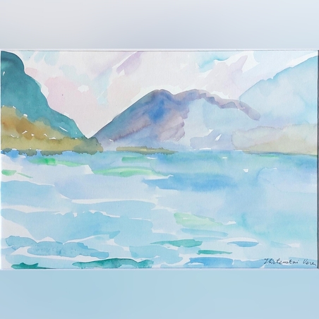 אקוורל של אגם והרים באוסטריה