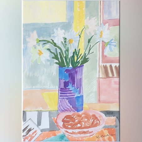 אקוורל של אגרטל סגול עם פרחים לבנים