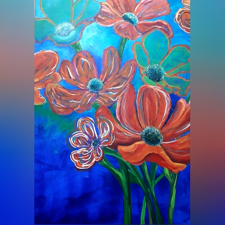 ציור פרחים על קנבס בצבעי אקריל