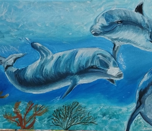 דולפינים ­ אקריליק על קנבס