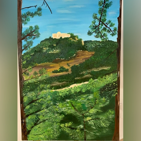 המוחרקה בכרמל מבט ממזרח שמן על קנבס בשילוב עבודת שפכטל