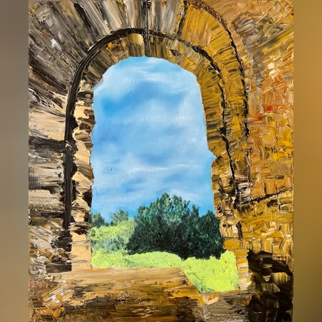 נוף בבית גוברין מבעד לקשת עתיקה­ מסדרת ציורי ארץ ישראל.שמן על קנבס