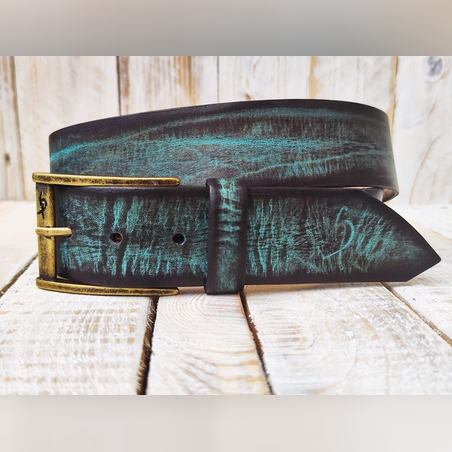 חגורת עור בגוון טורקיז וחום בעבודת יד
