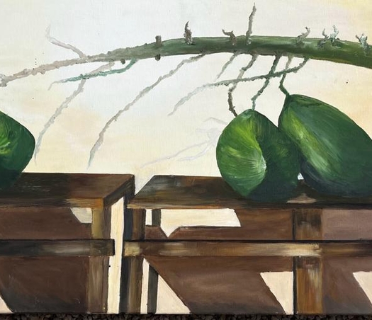 אגוזי קוקוס על שידה שמן על קנבס