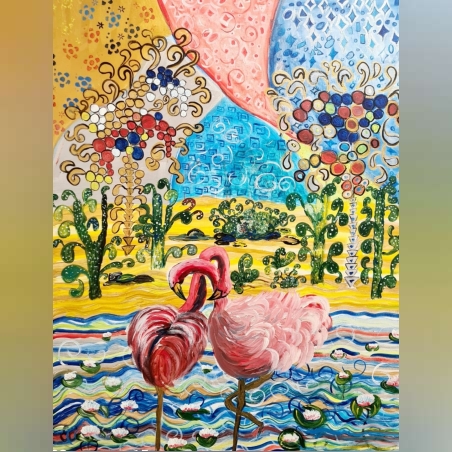 זוג פלמינגו -אקריל על קנבס