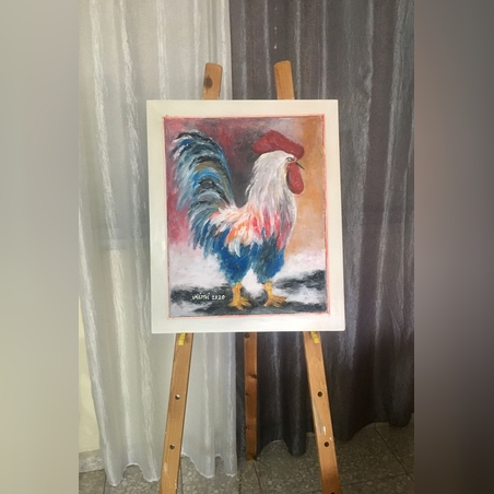 תרנגול בית טכניקה מעורבת על קנבס ממוסגר