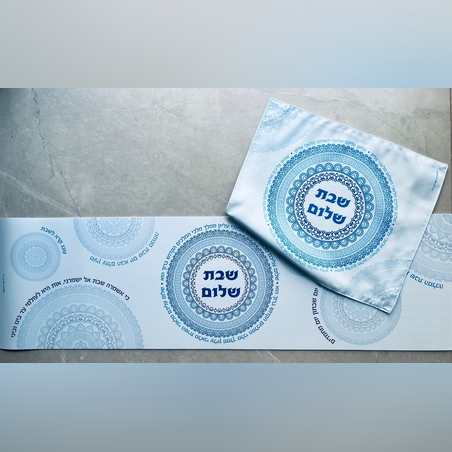 סט של ראנר לסירים חמים ומפית לחלות דגם מנדלה כחול