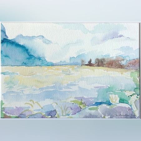 אקוורל של אגם בין הרים באוסטריה