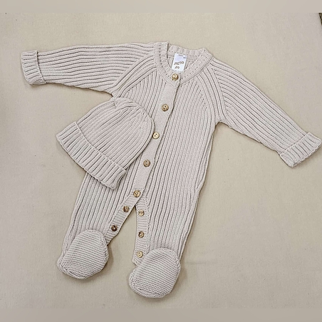 סט אוברול סרוג+כובע 0-3 - בז