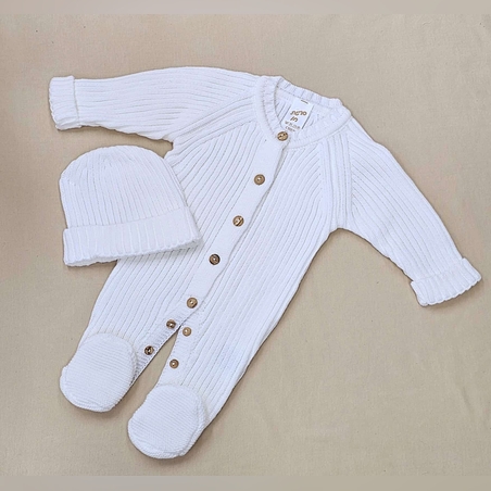 סט אוברול סרוג+כובע 0-3 - לבן