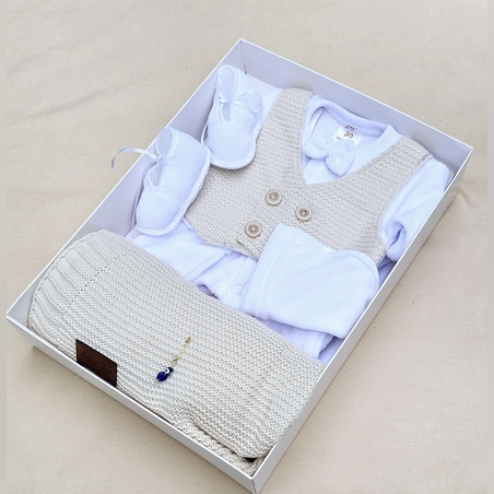 מארז ווסט סרוג NB + שמיכה  - בז