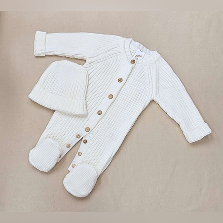 סט אוברול סרוג+כובע 0-3 - שמנת