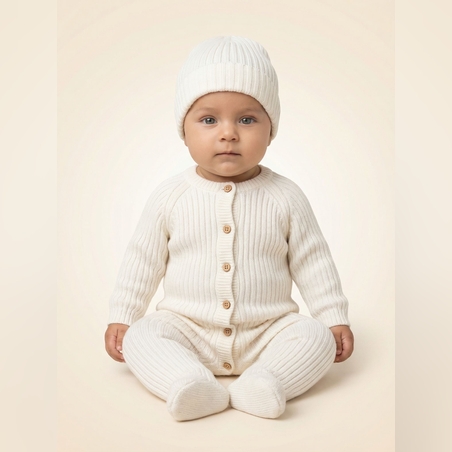 סט אוברול סרוג+כובע 0-3 - שמנת