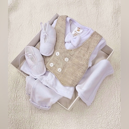 סט ווסט סרוג צמות  ניובורן - בז