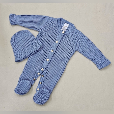 סט אוברול סרוג+כובע 0-3 - כחול