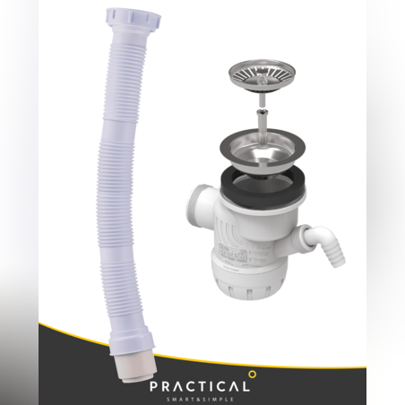 סיפון משולב 2  לכיור אמריקאי +ונטיל+צינור גמיש