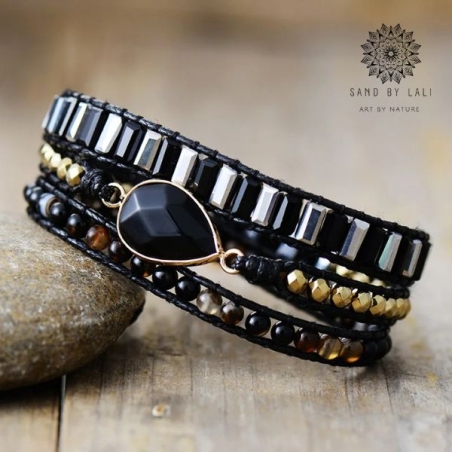 צמיד עטיפה אתני מעור לנשים עם לאברדורייט ואבן ירח