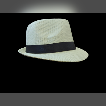 כובע מגבעת פדורה קש צבע שמנת סרט שחור.
