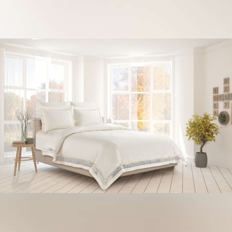 סט מצעים יוקרתי בשילוב רקמה סאטן 100% כותנה דגם אטלנטיקס שמנת למיטה זוגית 160/200