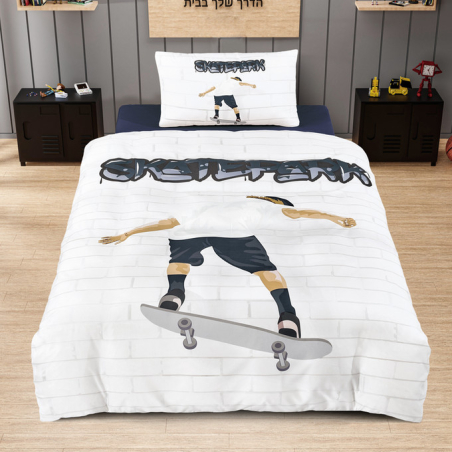סט מצעים למיטה וחצי סקייטבורד לבן 120/200