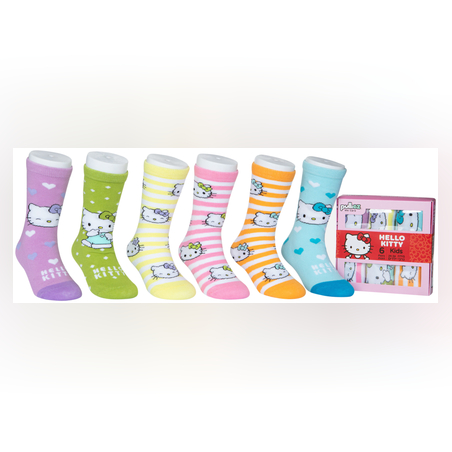 גרבי הלו קיטי כותנה מעוצבים לילדים, 6 זוגות מידת one size שמתאימה למידות 24-34