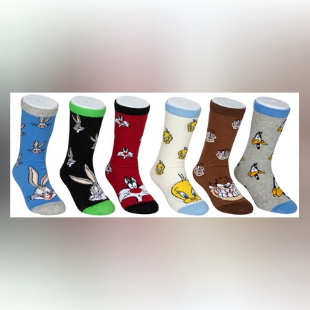 גרבי לוני טונס כותנה מעוצבים לילדים, 6 זוגות מידת one size שמתאימה למידות 24-34