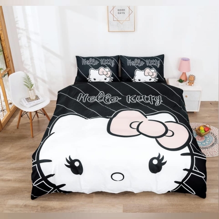 סט מצעים למיטה וחצי הלו קיטי שחור לבן 120/200