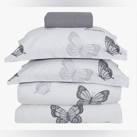 סט מצעים למיטה זוגית 100% כותנה סאטן 200 חוט דגם פרפרים אפור 160/200