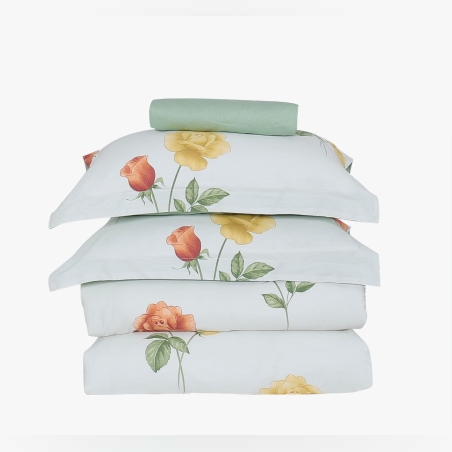 סט מצעים למיטה זוגית 100% כותנה סאטן 200 חוט דגם פרחים מנטה 160/200