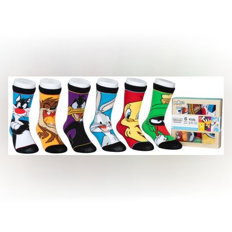 גרבי לוני טונס כותנה מעוצבים לילדים, 6 זוגות מידת one size שמתאימה למידות 24-34