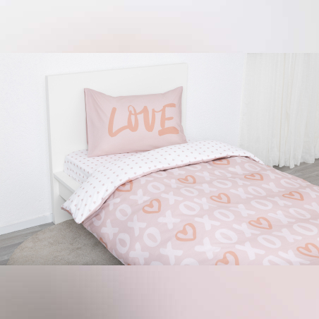 סט מצעים למיטה יחיד 100% כותנה LOVE נקודות 90/200