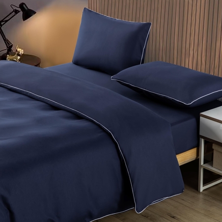 סט מצעים למיטה זוגית רחבה כחול ככה פס לבן 180/200