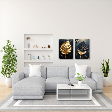 תמונה זכוכית עלים שחור זהב