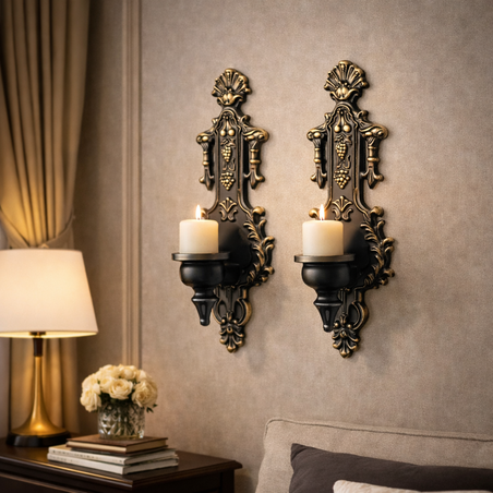 סט מחזיקי נרות – פמוטי קיר ממתכת לתלייה שחור זהב