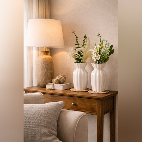 עציצים קרמיים עם פרחים מלאכותיים לבית