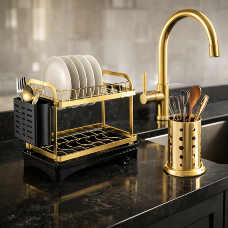 מייבש כלים קומפקטי + מתקן סכו״ם נירוסטה זהב