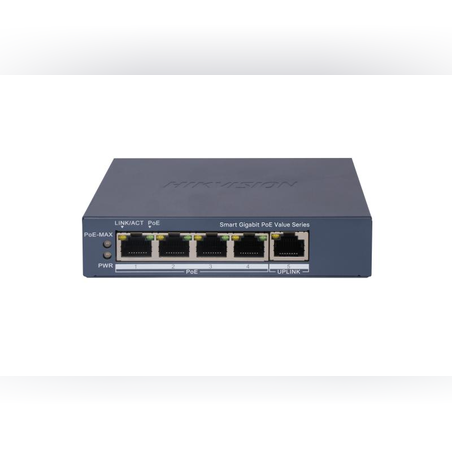 סוויץ' PoE חכם Hikvision Gigabit – 4 פורטים, ניהול מרחוק, מושלם למערכות מצלמות