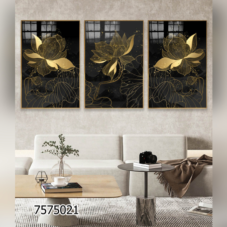 שלשה על קנבס פרחים זהב שחור מתוח וממוסגר לחדר השינה או לסלון דגם 7575021