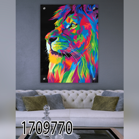 תמונה מעוצבת של אריה צבעוני מודפסת על זכוכית דגם 1709770