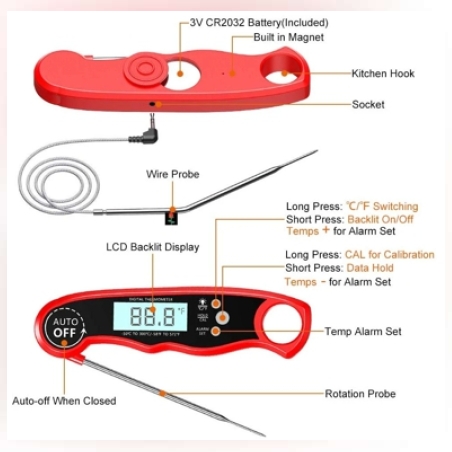 מד חום דיגטלי נעץ עם פרוב למעשנה