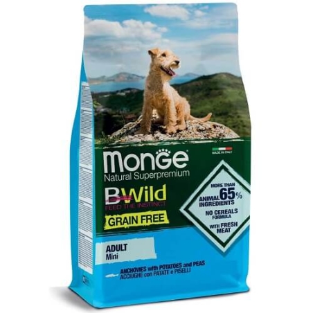 MONGE BWILD מונג' ביווילד מזון יבש לכלב בוגר מגזע קטן אנשובי נטול דגנים-2 שקים של 2.5 ק