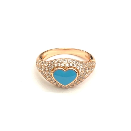 טבעת זרת רוז גולד לב בצבע תכלת