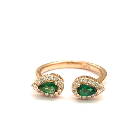 טבעת כסף 925 בציפוי רוז גולד - 2 אבנים ירוקות